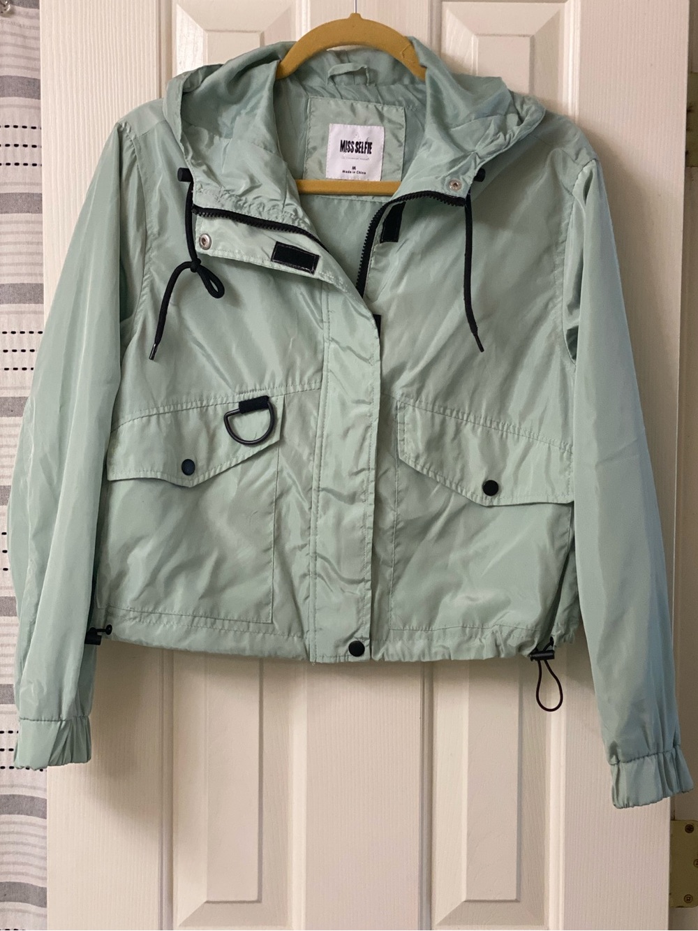Miss Selfie Light Mint Hooded Utility Windbreaker Jacket Size Medium